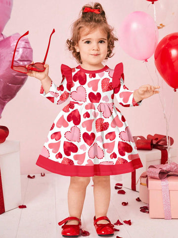 Hand Painted Heart Print, Cute Girl, Young Girl Bow Decor Cartoon Graphic Long Sleeve Dress, Sweet & Fashionable, Suitable For Autumn/Winter