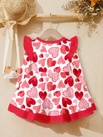 Hand Painted Heart Print, Cute Girl, Young Girl Bow Decor Cartoon Graphic Long Sleeve Dress, Sweet & Fashionable, Suitable For Autumn/Winter