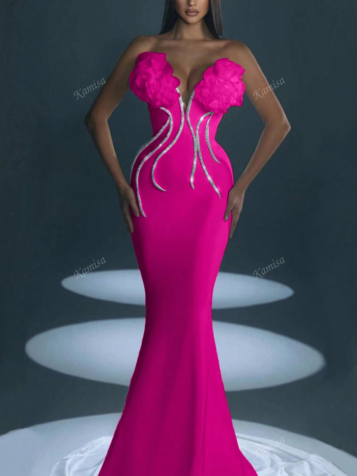 Handmade Elegant Floral Print Decorated, Rhinestoned, Bodycon Mermaid Style, Long Party Dress