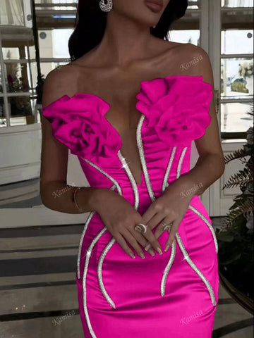 Handmade Elegant Floral Print Decorated, Rhinestoned, Bodycon Mermaid Style, Long Party Dress