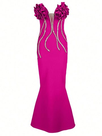 Handmade Elegant Floral Print Decorated, Rhinestoned, Bodycon Mermaid Style, Long Party Dress