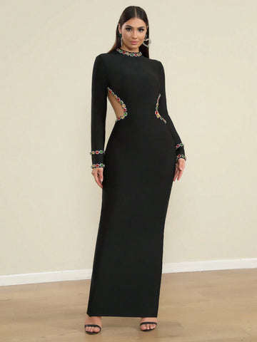 Handmade Luxury Elegant Backless High Slit Studded Wrap Dress For Women Party Evening Gown