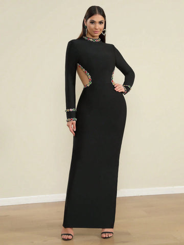 Handmade Luxury Elegant Backless High Slit Studded Wrap Dress For Women Party Evening Gown