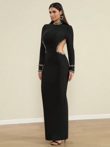 Handmade Luxury Elegant Backless High Slit Studded Wrap Dress For Women Party Evening Gown