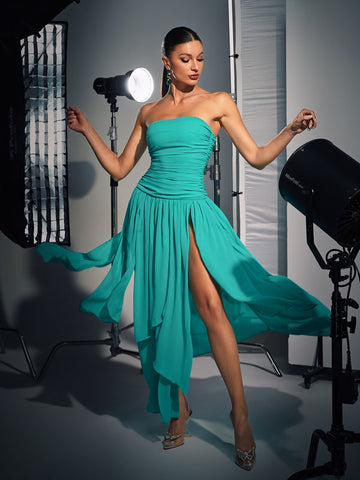 Harlem Strapless Ruched High Split Mesh Dress