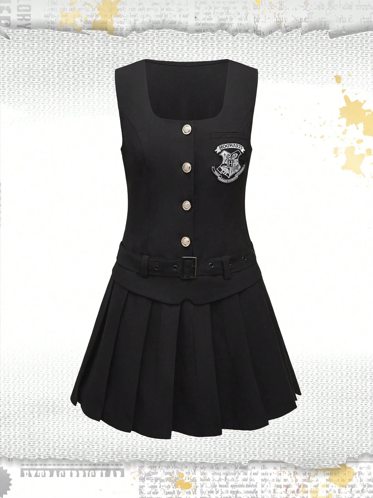 Harry Potter | ROMWE School-Style Square Neck Embroidered Patch Sleeveless Solid Color Dress For Women
