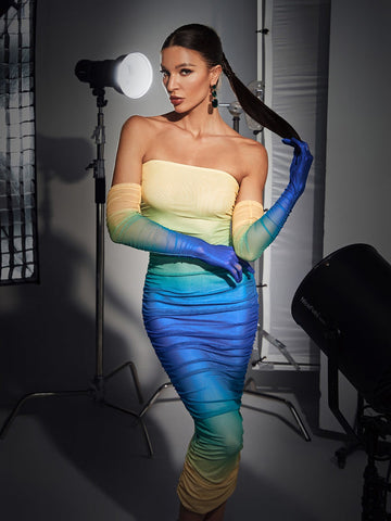 Hartford Gradient Mesh Dress With Gloves In Blue