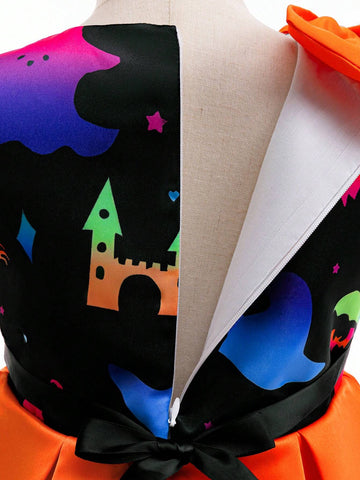 Haunted House Print Satin Fabric For Young Girls Princess Dress, Halloween Party Costume Material, Random Pattern
