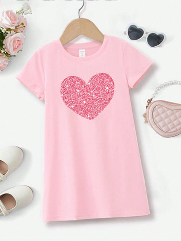 Heart-Shaped Pattern, Young Girl's Casual Short Sleeve Dress Suitable For Summer