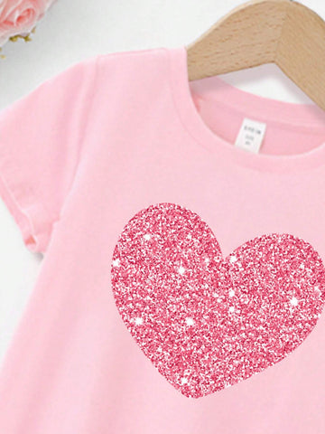 Heart-Shaped Pattern, Young Girl's Casual Short Sleeve Dress Suitable For Summer