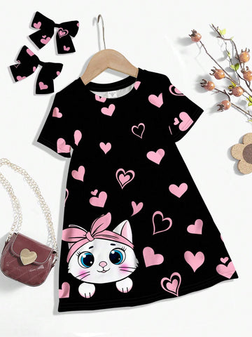 Heart Cat Design, Pink Casual Simple Short Sleeve Mid-Length Dress For Young Girls, Suitable For Summer & Autumn