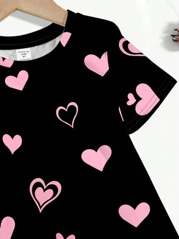 Heart Cat Design, Pink Casual Simple Short Sleeve Mid-Length Dress For Young Girls, Suitable For Summer & Autumn