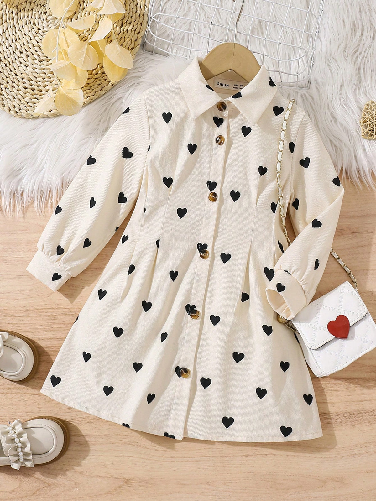 Heart Design Collar Fitted Casual Woven Dress For Young Girl