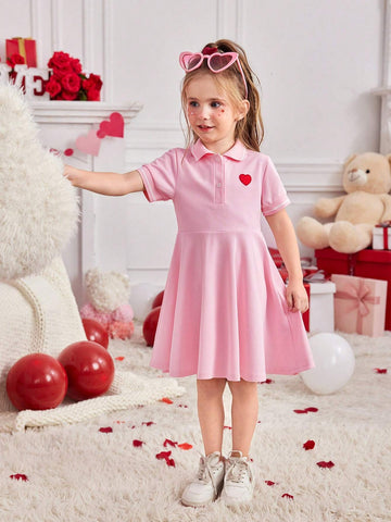 Heart Embroidered Polo Collar Loose Casual Short Sleeve Dress For Young Girl