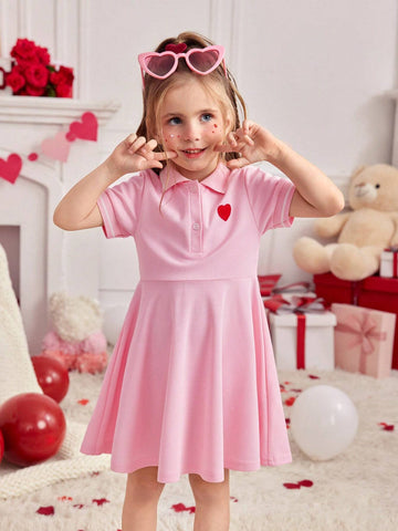 Heart Embroidered Polo Collar Loose Casual Short Sleeve Dress For Young Girl