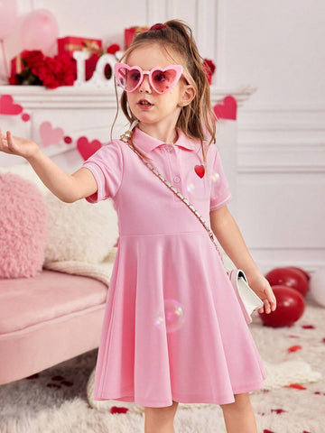 Heart Embroidered Polo Collar Loose Casual Short Sleeve Dress For Young Girl