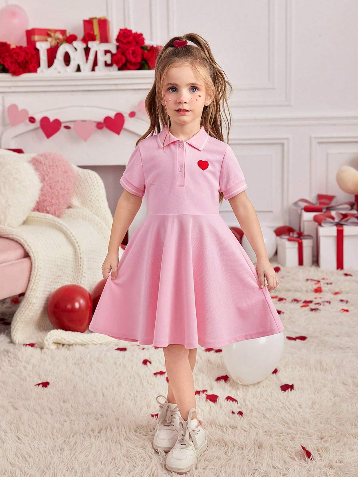 Heart Embroidered Polo Collar Loose Casual Short Sleeve Dress For Young Girl