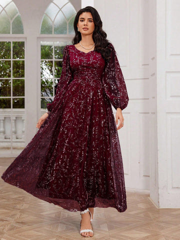 Heart Neck Ditsy Floral Elegant Long Sleeve Women's Prom Dress, Heavily Embellished