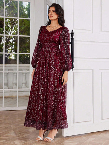 Heart Neck Ditsy Floral Elegant Long Sleeve Women's Prom Dress, Heavily Embellished