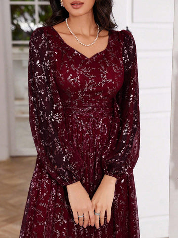 Heart Neck Ditsy Floral Elegant Long Sleeve Women's Prom Dress, Heavily Embellished