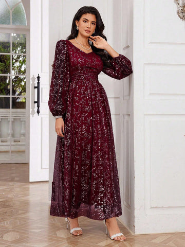 Heart Neck Ditsy Floral Elegant Long Sleeve Women's Prom Dress, Heavily Embellished