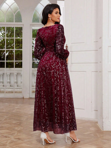 Heart Neck Ditsy Floral Elegant Long Sleeve Women's Prom Dress, Heavily Embellished