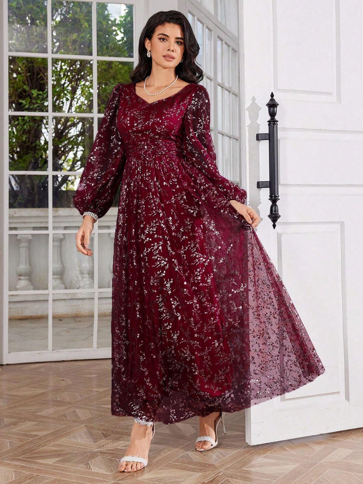 Heart Neck Ditsy Floral Elegant Long Sleeve Women's Prom Dress, Heavily Embellished