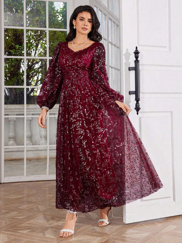 Heart Neck Ditsy Floral Elegant Long Sleeve Women's Prom Dress, Heavily Embellished