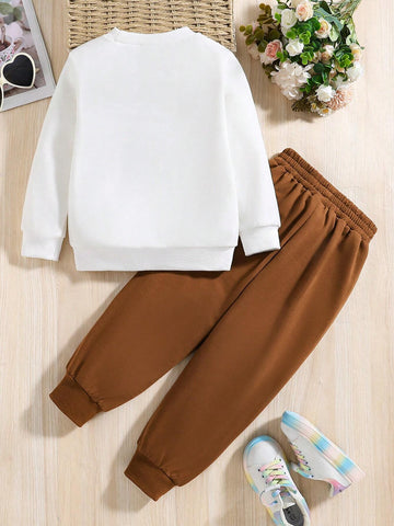 Heart Print Crew Neck Sweatshirt And Sweatpants Set For Young Girls