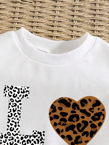 Heart Print Crew Neck Sweatshirt And Sweatpants Set For Young Girls