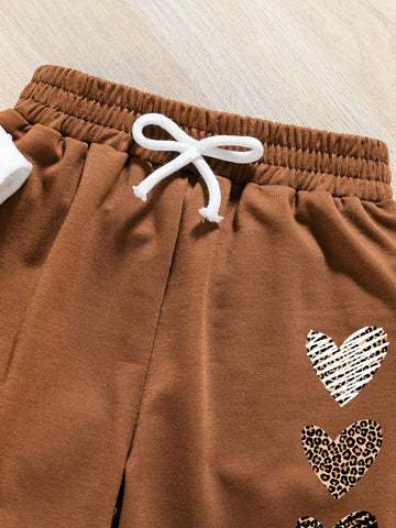 Heart Print Crew Neck Sweatshirt And Sweatpants Set For Young Girls
