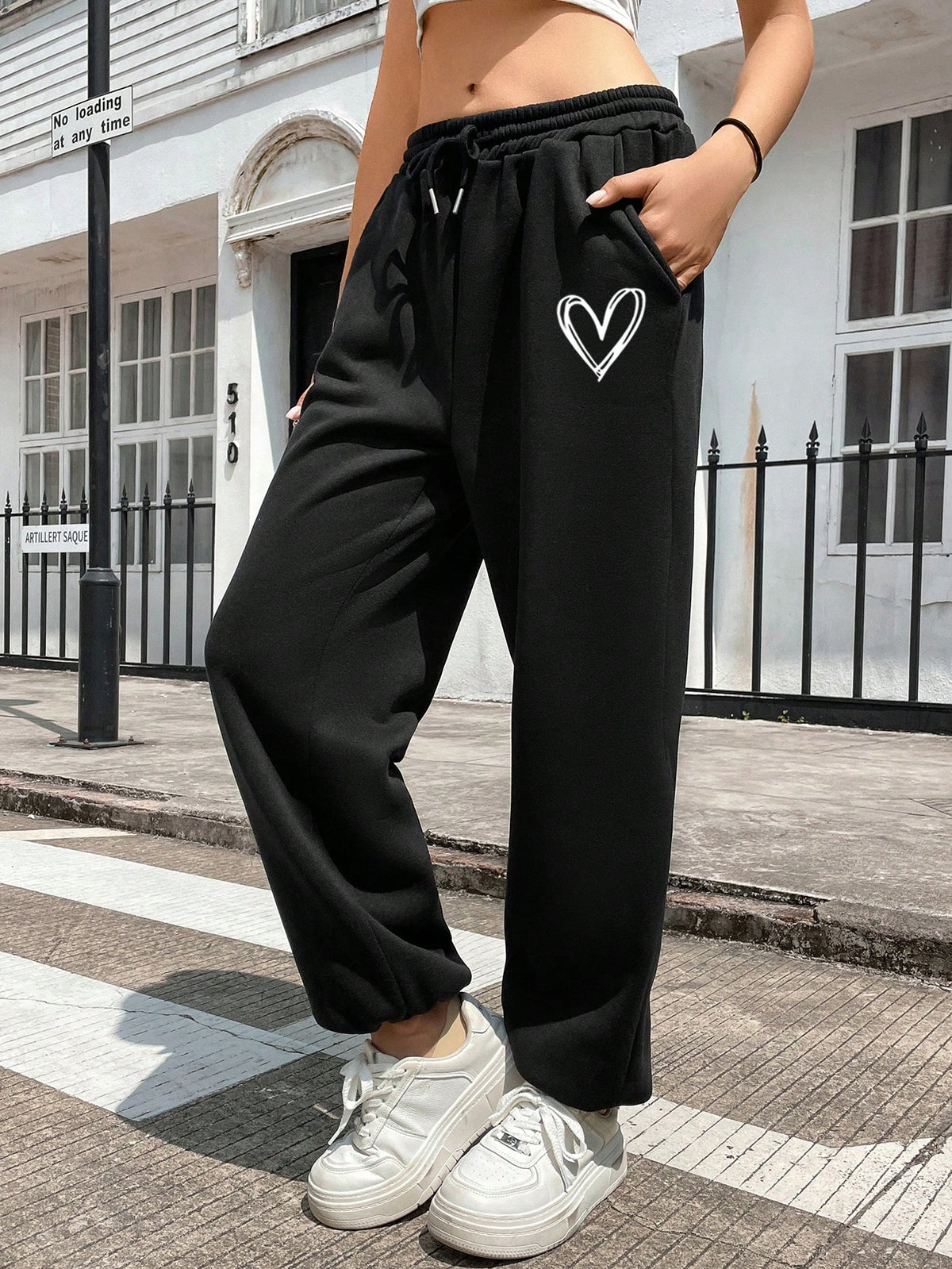 Heart Print Drawstring Waist Sweatpants
