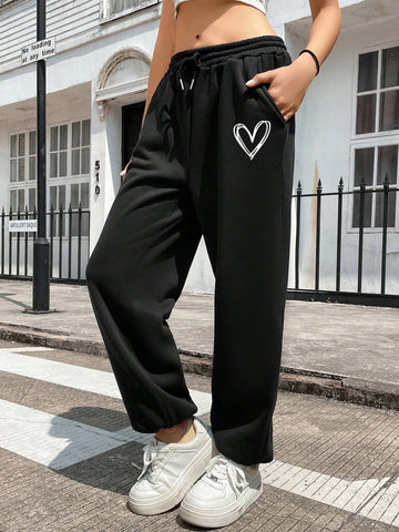 Heart Print Drawstring Waist Sweatpants