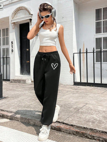 Heart Print Drawstring Waist Sweatpants