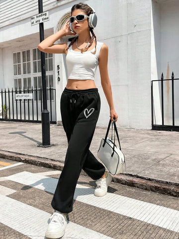 Heart Print Drawstring Waist Sweatpants