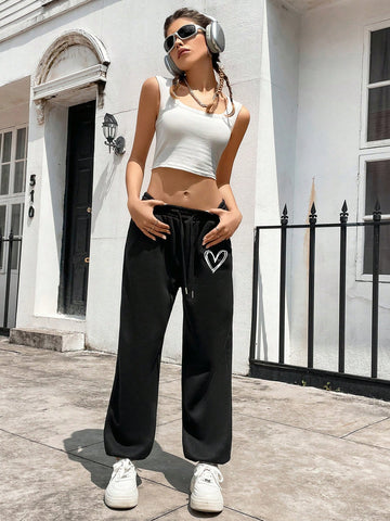 Heart Print Drawstring Waist Sweatpants