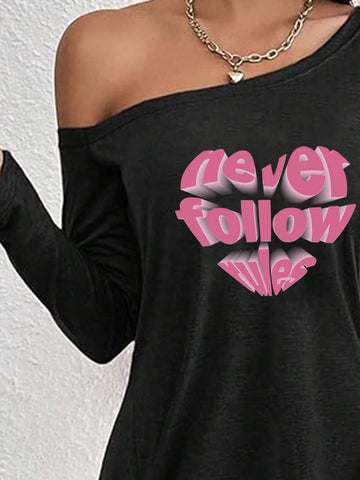 Heart Print Pattern Composed Of Patterned Letters, Fashion Women's Black Oblique Shoulder Long Sleeve Simple Daily Leisure Comfort, Machine Washable
