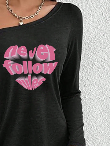 Heart Print Pattern Composed Of Patterned Letters, Fashion Women's Black Oblique Shoulder Long Sleeve Simple Daily Leisure Comfort, Machine Washable