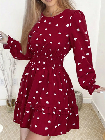 Heart Print Ruffle Hem Waist Fitted Midi Dress