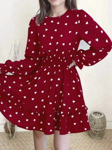Heart Print Ruffle Hem Waist Fitted Midi Dress