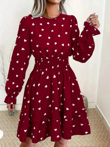 Heart Print Ruffle Hem Waist Fitted Midi Dress