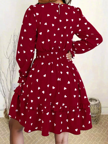 Heart Print Ruffle Hem Waist Fitted Midi Dress