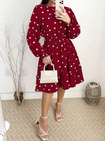Heart Print Ruffle Hem Waist Fitted Midi Dress