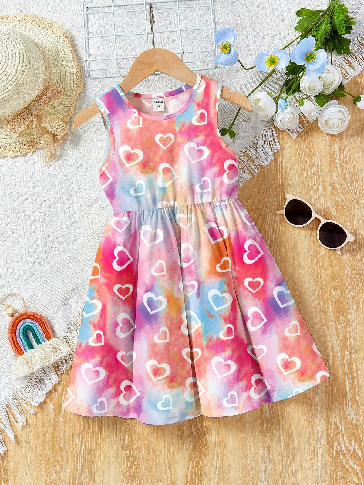 Heart Print Tie Dye Young Girl Casual & Minimalist Sleeveless Midi Dress Suitable For Summer