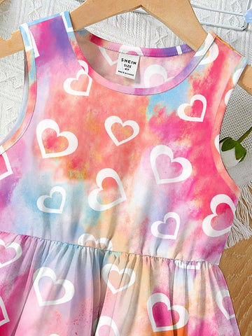 Heart Print Tie Dye Young Girl Casual & Minimalist Sleeveless Midi Dress Suitable For Summer