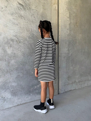 Heart, Rainbow & Weather Print Striped Cute Round Neck Long Sleeve Girls Dress, Suitable For Schoolwear, Outdoor & All Seasons