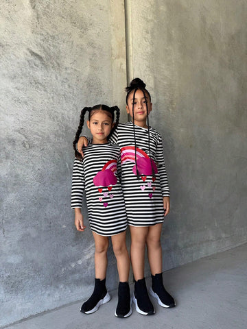Heart, Rainbow & Weather Print Striped Cute Round Neck Long Sleeve Girls Dress, Suitable For Schoolwear, Outdoor & All Seasons
