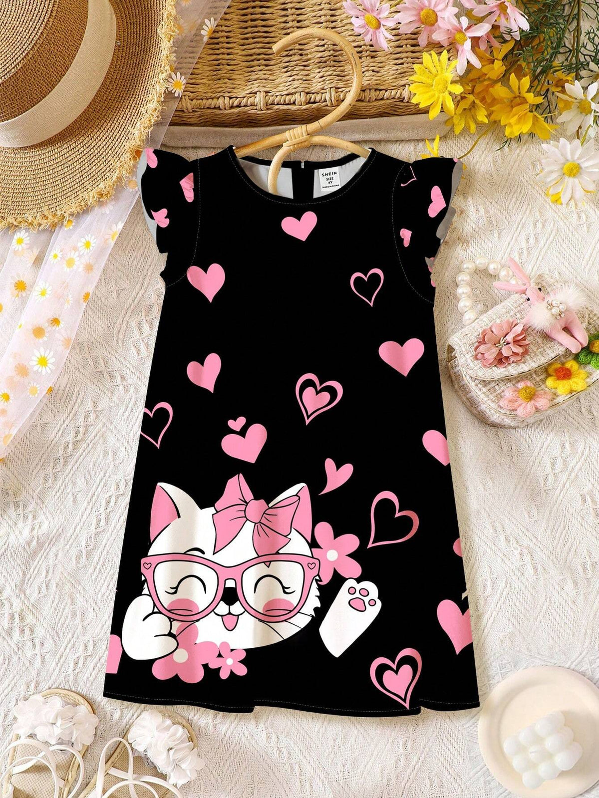 Heart Shaped Cat Print, Pink, Young Boy Simple Round Neck Ruffle Trim Casual Dress, Summer