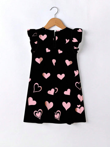 Heart Shaped Cat Print, Pink, Young Boy Simple Round Neck Ruffle Trim Casual Dress, Summer