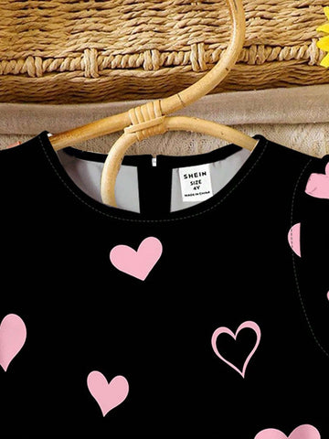 Heart Shaped Cat Print, Pink, Young Boy Simple Round Neck Ruffle Trim Casual Dress, Summer